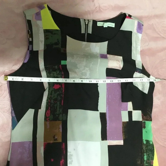 Cleo Petites Geometric Gray Purple Print Sheath Black Dress Sz 10 - Picture 7 of 11